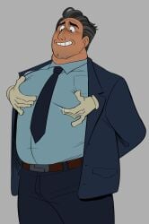 1boy 2026 5_o'clock_shadow arms_behind_back belt bulge daddy dilf disembodied_hand disney fully_clothed gay gray_background hoppers looking_down male male_only mayor_jerry moobs nervous_smile pecs pixar simple_background suit suit_jacket thebluebear27 tie yaoi