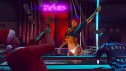 1boy 2girls 3d 3d_(artwork) 3dcg absurd_res absurd_resolution absurdres arm_up bare_shoulders beautiful_woman bikini_bottom black_high_heel_boots black_stockings black_tube_top black_tubetop braless brown-haired_female christmas_outfit cinematic cinematic_lighting cleavage collar collarbone disinterested emotionless emotionless_female expressionless filter filtered game_cg grand_theft_auto grand_theft_auto_online gta_online_female_character gta_online_male_character hand_tattoo high_quality high_resolution highres large_breasts mature_woman neck_tattoo neon neon_lights new_year new_year_2025 no_bra peach_(gta_v) pole_dancing purple-haired_female red_lipstick rockstar_editor rockstar_games short-haired_female source_request stockings strip_club stripper strutting text thigh_tattoo thong tornadoqt tube_top tubetop unbothered uncaring uncaring_female uninterested uninterested_female vanilla_unicorn walking_in white_bikini_bottom white_thong white_thong_bikini