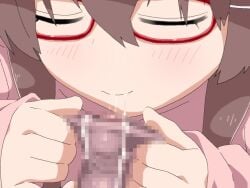 1boy 1girl anime_coloring blush brown_hair censored closed_eyes closed_mouth cum drooling eri_(mayoineko_o_tomeyou) foreskin foreskin_pull game_asset glasses grabbing_another's_penis hair_between_eyes hair_ornament hair_over_shoulder hairclip large_variant_set long_hair long_sleeves low_twintails mayoineko_o_tomeyou mosaic_censoring nighthawk non-web_source official_art penis pink_shirt red-framed_eyewear self-datamine shirt sidelocks smile twintails variant_set visual_novel_cg