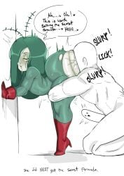 1boy 1girls ass blush boots breasts cum english_text erection face_in_ass female genderswap gloves green_hair green_suit hair_over_one_eye high_heels humanized kimboscraft light_green_skin long_green_hair long_hair nickelodeon penis plankton red_eyes rule_63 sex_from_behind sheldon_j._plankton spongebob_rule63_acrylictoon spongebob_squarepants standing thick_thighs thighs