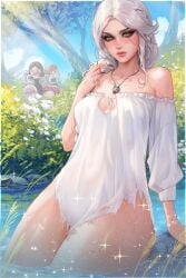 prywinko 2d cd_projekt_red the_witcher_(series) the_witcher_4 ciri white_hair green_eyes mascara scar freckles freckles_on_face female light_skin light-skinned_female looking_at_viewer yennefer black_hair triss_merigold red_hair jaskier_(the_witcher) geralt_of_rivia voyeur voyeurism outdoors bathing river witcher_medallion braid tattoo ass wide_hips wet_body 3girls 2boys