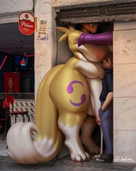 1boy 1boys 1futa alleyway_milf_(meme) anthro belms breasts claws colombia digimon digimon_(species) duo furry futanari height_difference larger_female larger_futanari male medellin,_colombia nipples nude penis precum precum_string renamon shorter_male size_difference smaller_male tall taller_futa toe_claws