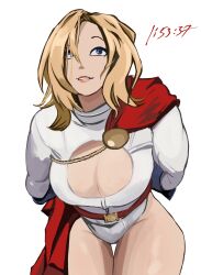 1girls big_breasts blonde_hair blue_eyes blue_gloves boob_window boobs boobs_focus breasts cape cleavage cleavage_cutout dc dc_comics female female_kryptonian female_only gloves hair_over_one_eye hips hips_focus huge_breasts judetheobscured kara_zor-l karen_starr kryptonian large_breasts leotard medium_hair pin_up power_girl power_girl_cosplay_pose_(missfaves) red_cape smile solo solo_female superman_(series) thick_thighs thighs white_background white_leotard