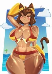1girls anthro anthro_female anthro_only anthrofied axidia bikini breasts brown_fur brown_hair cleavage clothed clothing domestic_cat eyebrows_visible_through_hair eyewear_on_head feline feline_humanoid female female_only fur furry furry_female furry_only gameoverse glistening glistening_body goggles_on_head half-closed_eyes kit_(gameoverse) kit_bodega large_breasts medium_hair ocean ocean_background red_eyes shiny_skin solo swimwear water wet wet_body wet_skin whiskers wide_hips
