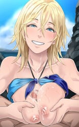 1boy allison_snow areolae beach bikini bikini_lift bikini_top blonde_hair blue_bikini blue_eyes breasts butcha-u censored cum cum_on_body cum_on_breasts cum_on_upper_body eyebrows_visible_through_hair eyelashes eyes_visible_through_hair female highres looking_at_viewer mosaic_censoring nipples paizuri partial_male penis pov short_hair smile solo_focus summer_lesson swimsuit unaligned_breasts upper_body