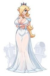 1girl 1girls 2026 ai_generated big_breasts blonde blonde_female blonde_hair blue_eyes breast_lift cleavage crown deep_cleavage dress earrings female female_only hands_under_breasts huge_breasts large_breasts long_dress looking_at_viewer mario_(series) mature mature_female nintendo one_eye_obstructed one_eye_visible pose posing princess_rosalina see-through see-through_clothing see-through_dress self_upload sexy shoulderless_dress simple_background smile solo solo_female solo_focus super_mario_bros. super_mario_galaxy tiara waist_length_hair white_background white_dress