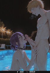 1boy 1girl ai_generated black_choker blonde_hair blush breasts chainsaw_man choker completely_nude denji_(chainsaw_man) erection fellatio frenzyai from_side green_eyes hair_between_eyes hair_bun hetero large_penis licking licking_penis looking_at_another medium_breasts navel night night_sky nipples nude open_mouth oral outdoors partially_submerged penis pool poolside purple_hair reze_(chainsaw_man) saliva short_hair single_hair_bun smile teeth testicles tongue tongue_out water wet wet_hair