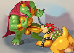 2boys anthro anus ass balls big_balls big_penis bowser bracelet cape chains claws clothing collar crown daftpatriot domination donkey_kong_(series) duo erection full_body gay huge_cock jewelry k_rool male male_only mario_(series) multiple_boys nintendo nude oral penis raised_tail simple_background spiked_bracelet spiked_collar spikes standing teeth thick_penis tongue uncut video_games yaoi