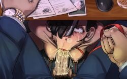 :>= alcohol angry black_hair blowjob blowjob_face business_suit businessman collar crying crying_with_eyes_open cum cum_bubble cum_in_mouth cum_on_breasts cum_on_face daughter dick dieselbog fellatio hair_over_one_eye head_between_legs horned_humanoid leash lipstick milf mother original_character paperwork penis penis_in_mouth photo_(object) pierced_nipples pubic_hair rape short_hair slave tears under_desk veiny_penis white_hair white_streak_hair wristwatch