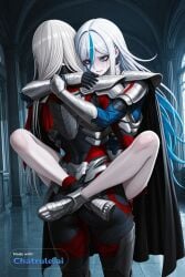 1girl ai_assisted ai_generated anal anal_penetration armor big_dick black_cape blood blue_eyes blue_hair cape carrying grey_hair heterochromia hundred leg_lock long_hair pale_skin red_eyes school shoulder_armor solo two_tone_hair white_hair