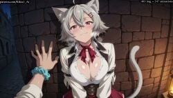 against_wall ai_generated animated animation big_breasts cat_ears cat_girl cat_tail catgirl cleavage grey_hair jacket jiggling_breasts kabedon kikia1 large_breasts linia_dedoldia mushoku_tensei no_sound outdoors pov shirt short_hair short_playtime shorter_than_10_seconds shorter_than_30_seconds skirt standing straight tagme video