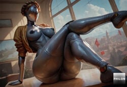 1girls faceless_female breasts solo nipples faceless humanoid_robot sitting crossed_legs pussy no_eyes window thick_thighs thighs joints large_breasts robot open_clothes ass crown_braid thighhighs sky dark_nipples red_star science_fiction metal_skin ai_generated stable_diffusion philon atomic_heart the_twins_(atomic_heart)