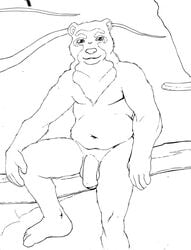 2011 5_fingers 5_toes anthro balls bear belly biped black_and_white collarbone dbruin facial_markings feet flaccid fupa fur hand_on_leg humanoid_feet humanoid_hands humanoid_penis looking_at_viewer male male_only mammal markings monochrome navel nude penis plantigrade sitting slightly_chubby smile solo spectacled_bear toes uncut