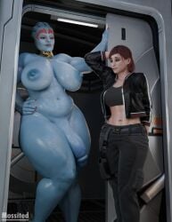 1futa 1girls 3d alien alien_girl alien_humanoid asari big_breasts bioware blue_body breasts clothed clothed_female clothed_female_nude_futa clothing commander_shepard femshep flaccid futanari huge_cock mass_effect mossited nude nude_futa penis samara strongfat tagme