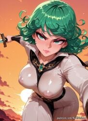 1girl 2026 ai_generated alternate_breast_size anime bangs belt boobs breasts cleavage cloud collarbone covered_nipples crossover curly_hair dress exposed_nipples eye_contact eyelashes female female_focus female_only green_eyes green_hair highres holding holding_sword holding_weapon huge_breasts large_breasts lips looking_at_viewer nipples nsfw orange_sky patreon patreon_username rognezart see-through short_hair sky solo sunset sword tatsumaki weapon