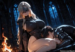 fire_keeper dark_souls_(series) miyuai ai_generated ai_assisted thick_thighs thick_ass thick thick_legs thick_hips thick_butt wide_hips wide_thighs voluptuous voluptuous_female curvy curvy_figure curvaceous curvy_female female breasts 1girl 1boy lap_pillow hand_on_another's_head black_hair rating:safe long_hair large_breasts armor fire indoors lying blindfold smile closed_eyes sitting black_armor cape shoulder_armor covered_eyes on_side candle brown_hair mask fujimaru_ritsuka_(male) gauntlets thighs bangs petting dutch_angle