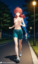 2girls ai_generated breasts building casual casual_nudity city encoder exhibitionism female grass jogging jogging_pants medium_breasts naked naked_female nipples nude nude_female outdoors park public public_nudity running running_shoes shorts sportswear topless trees night street_lamp