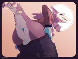 anthro anus balls bandage belt blue_body blue_skin bottomwear bottomwear_down butt claws clothed clothing colored dlrp99 fangs fur genitals hi_res jacket looking_at_viewer male pants pants_down partially_clothed pigtails presenting presenting_anus presenting_balls presenting_hindquarters pulling_down_pants sergal signature smile solo standing tail teeth topwear
