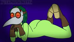 ass boots bored bored_expression doctor female gloves green_hair green_skin lying plague plague_doctor plague_doctor_mask tits