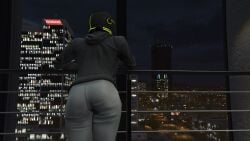 nekomikoye text cityscape skyscrapers los_santos back_view_female back_view leaning_forward leaning_to_the_side unbothered helmet_girl masked_female 1girls large_ass ass_focus ass grey_leggings leggings hoodie grand_theft_auto_online grand_theft_auto gta_online_female_character rockstar_editor rockstar_games 3dcg 3d game_cg filtered high_quality high_resolution highres mature_woman 2022 disinterested uninterested uncaring_female uncaring