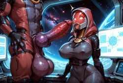tali'zorah_nar_rayya quarian bioware mass_effect alien alien_girl alien_humanoid bodysuit latex_suit latex_bodysuit skinsuit helmet helmet_with_visor visor hood_up hood glowing_eyes indoors space spacecraft spaceship spacesuit spaceship_interior light-skinned_female purple_skin mature_female thick_thighs voluptuous voluptuous_female ai_generated creamhorseai blush curvy curvy_female curvy_figure fit fit_female high_resolution highres horny horny_female hourglass_figure huge_ass huge_breasts big_ass big_breasts big_butt mature perfect_body seductive seductive_look erect_nipples female big_balls big_penis huge_balls huge_cock hyper_balls testicles male male/female massive_balls massive_penis nubbed_penis ribbed_penis alien_penis knot knotted_penis purple_penis alien_boy imminent_sex cock_worship cock_hungry penis_awe cock_shock