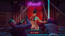 1boy 2girls 3d 3d_(artwork) 3dcg absurd_res absurd_resolution absurdres arm_tattoo bare_shoulders beautiful_woman belly bikini black_bikini black_thong cash cinematic cinematic_lighting collar collarbone dancing_girl disinterested emotionless emotionless_female expressionless filter filtered fishnets game_cg grand_theft_auto grand_theft_auto_online green-haired_male gta_online_female_character gta_online_male_character harley_quinn_(cosplay) high_quality high_resolution highres infernus_(gta_v) joker_(cosplay) large_breasts leaning_hips leather_gloves mature_woman navel navel_tattoo necklace rainbow_hair red_stockings rockstar_editor rockstar_games rose_tattoo seductive_dance source_request stockings stripper_pole text thong thong_bikini tornadoqt unbothered uninterested uninterested_female vanilla_unicorn whore