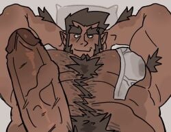 male male_only bara muscles muscular monster_prom scott_howl facial_hair beard body_hair werewolf tail penis balls solo solo_male aries03220 boner erection hands_behind_head armpit armpits armpit_hair nude blush