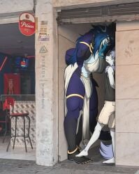 1boy 1girls alley alleyway_milf alleyway_milf_(meme) anthro blue_tongue breasts bulge bulge_through_clothing cleavage colombia furry long_tongue medellin,_colombia prismanoodle_(artist) tagme tall tall_female taller_female