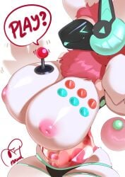 absurd_res anawat anthro areola big_breasts blush blush_lines breasts clothed clothing female fluffy fluffy_ears fluffy_fur fluffy_tail freckled_breasts freckles fur genitals glowing hi_res huge_breasts joystick machine markings meme nipple_piercing nipples offering_to_viewer piercing pink_body pink_fur protogen pubic_mound r@m skimpy solo tail text url ventral_groove visor watermark white_body white_fur wide_hips