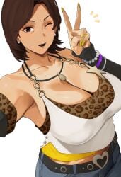 1girls alternate_version_available armwear atlus beautiful_woman belt big_breasts black_lips black_lipstick blue_pants bottomwear bracelet breasts brown_eyes brown_hair cleavage detached_sleeves ear_piercing earrings female female_only hair huge_breasts jeans kayo_tomiyama leopard_print lips lipstick mature mature_female mature_woman milf mole mole_under_eye nail_polish nails necklace neckwear nohohon one_eye_closed pants peace_sign persona persona_5 persona_5:_the_phantom_x shirt smile solo solo_female tan tan_body tan_skin tanned tanned_female tanned_skin topwear white_background white_shirt wink winking yellow_nail_polish yellow_nails