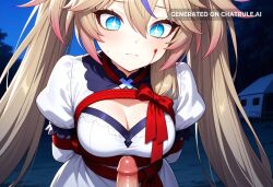 1girl absurdly_long_hair ai_assisted ai_generated anime_screencap blood_splatter blue_eye campsite close_up firelight flaccid_penis frowning high_quality juliet_sleeves kneeling long_eyelashes long_sidelocks long_sleeves looking_at_penis night outside upper_body white_dress white_robe