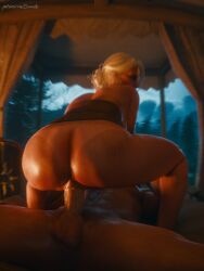 1boy 1girls 3d ass back_view big_ass bubble_butt cd_projekt_red ceeeeekc ciri corset cum cum_in_pussy cum_inside female light-skinned_female light-skinned_male light_skin looking_at_viewer looking_back male mascara nilfgaard nude penetration penis riding_penis scar sex soldier tanline testicles the_witcher_(series) the_witcher_3:_wild_hunt vaginal_penetration watermark white_hair