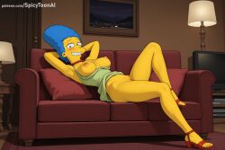 spicytoonai ai_generated patreon seductive sexy uncensored watermark hi_res high_quality high_resolution marge_simpson the_simpsons 1girl breasts nipples solo pillow pussy grin no_panties blue_hair no_bra couch lying breasts_outside smile sharp_teeth medium_breasts jewelry