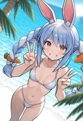 brokewyt ai_generated cuckold cheating uncensored usada_pekora hololive 1girl solo long_hair breasts looking_at_viewer blush smile bangs hair_ornament navel animal_ears bare_shoulders twintails blue_hair collarbone swimsuit braid white_hair bikini multicolored_hair small_breasts outdoors sky day virtual_youtuber water rabbit_ears grin twin_braids two-tone_hair tree orange_eyes animal_ear_fluff symbol-shaped_pupils dutch_angle v ocean white_bikini beach thick_eyebrows string_bikini palm_tree rabbit_girl double_v food-themed_hair_ornament carrot_hair_ornament