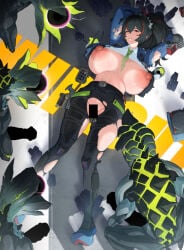 1girl alternate_breast_size_(larger) bestiality big_breasts black_hair blue_jacket breasts censored defeat ethereal_(zenless_zone_zero) gigantic_penis hair_between_eyes high-waist_pants huge_breasts imminent_rape interspecies jacket long_hair lying monster multicolored_hair nipples pants penis police police_uniform policewoman ponytail red_eyes red_hair streaked_hair tianzhong_zhongtian tight_clothes tight_pants torn_clothes zenless_zone_zero zhu_yuan zoophilia