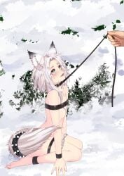 solo femboy femboy_only femboy_focus white_hair white_ears white_tail fox fox_ears fox_tail fox_boy bloo_vanilla freckles freckles_on_face collar bell_collar bell leash leash_and_collar leash_pull kneeling looking_up looking_up_at_partner bondage