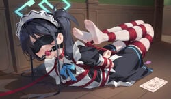 1girl absurdres apron aris_(blue_archive) aris_(maid)_(blue_archive) arms_behind_back ball_gag black_dress black_hair blindfold blue_archive blue_bow blue_halo blush bound bound_ankles bound_arms bound_knees bound_legs bound_torso bow chinese_commentary commentary_request commission dress gag halo highres hogtie indoors leash long_hair maid maid_apron maid_headdress no_shoes official_alternate_costume official_alternate_hairstyle pantyhose saliva second-party_source sex_toy shortofsugar side_ponytail soles solo very_long_hair vibrator white_pantyhose