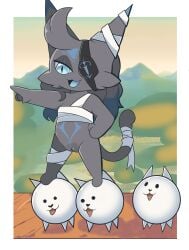 2026 absurd_res ambiguous_gender anthro belly belly_markings biped cheek_tuft chest_wraps chibi d'arktanyan_(the_battle_cats) domestic_cat dot_eyes eye_patch eyewear facial_markings facial_tuft felid feline felis female feral fieryfur fo forehead_markings fur genitals gesture grey_body grey_fur grey_hair group hair hand_gesture head_markings hi_res humanoid_genitalia humanoid_vulva long_hair looking_at_another mammal markings open_mouth pink_eyes pink_markings pointing pupils quadruped simple_eyes slit_pupils tail tail_wraps tongue tuft vulva white_body white_fur wraps