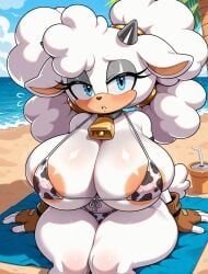 ai_assisted ai_generated areola_slip beach beach_background beach_towel big_ass chubby embarrassed female female_focus female_only furry_female furry_only gigantic_breasts lanolin_the_sheep looking_at_viewer posing_for_the_viewer shortstack solo solo_focus sonic_(series) sonic_the_hedgehog_(series)