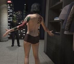 1girls 1male 2022 3d 3d_(artwork) 3dcg arm_tattoos ass ass_focus back_tattoo back_view back_view_female black_hair_female brown_underwear cityscape femsub filter filtered flashing flashing_breasts game_cg good_end grand_theft_auto grand_theft_auto_online gta_online_female_character gta_online_male_character helmet_male high_quality husband_and_wife large_ass large_breast los_santos low_resolution lowres maledom masked_male mature_woman nekomikoye partially_clothed_female_clothed_male rockstar_editor rockstar_games self-insert short_hair_female sideboob skyscrapers standing tattoos text tomboyish topless_female unbothered underwear wholesome