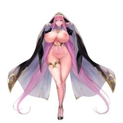 1girl beautiful_woman big_breasts black_shoes black_veil blue_eyes blush breasts breasts_out bridal_gauntlets bright_pupils closed_mouth collarbone full_body game_asset gold_necklace hair_between_eyes high_heels highres huge_breasts jewelry large_breasts last_origin linea_alba long_hair looking_at_viewer mature_woman mel_(dodosae) mole mole_under_mouth necklace nipples non-web_source nude nun nun_headdress official_alternate_costume official_art pendant pink_hair pubic_tattoo pussy ring self-datamine serapias_alice shoes simple_background skindentation smile solo standing tachi-e tattoo thick_thighs thighlet thighs tiara transparent_background veil veil_lift very_long_hair white_bridal_gauntlets wide_hips wide_sleeves