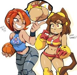 2girls anthro ass big_breasts breasts brown_eyes brown_hair brunette burgundy_eyes butterfly_(planetronika) cameltoe child_bearing_hips compliment crossover fat_ass female female_focus female_only gameoverse glitch_productions huge_ass huge_breasts kit_(gameoverse) large_ass large_breasts lewdamone planetronika swimwear thick_thighs thighs two_piece_swimsuit wide_hips