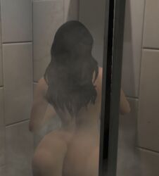1girls 3d 3d_(artwork) 3dcg ass bare_shoulders beautiful_woman black-haired_female disinterested filtered game_cg grand_theft_auto grand_theft_auto_online gta_online_female_character leaning_to_the_side long-haired_female low_res low_resolution lowres mature_woman peteypelly rockstar_editor showering uninterested