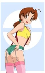 1girls ahoge armpits bare_shoulders blue_background breasts brown_eyes brown_hair clothed cosplay delia_ketchum_(pokemon) empty_eyes female female_only gym_leader_(cosplay) human human_only implied_hypnosis jimryu kasumi_(pokemon)_(cosplay) long_hair looking_at_viewer looking_back milf mind_control misty_(pokemon)_(cosplay) mother nintendo open_mouth pokemon pokemon_rgby ponytail shirt shorts smile solo standing straps suspenders tank_top thighhighs tongue