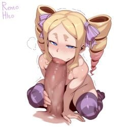 beatrice_(re:zero) censored fellatio huge_cock huge_penis kneeling looking_at_viewer mosaic_censoring re:zero rento_hito_(artist) stockings stockings_only sucking_tip tagme thighhighs