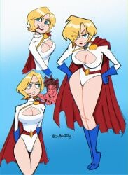 1boy 1girls anger_vein big_breasts blonde_hair blue_boots blue_eyes blue_gloves boob_window boobs boots breasts cape cleavage cleavage_cutout dc dc_comics endlessfolly female female_kryptonian gloves hips huge_breasts kara_zor-l karen_starr kryptonian large_breasts leotard male power_girl red_cape short_hair smile superboy_prime superman_(series) thighs white_leotard