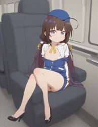 hinatsuru_ai blue_eyes brown_hair stewardess_uniform slutty_female slutty_body sexy_pose tempting tempting_viewer petite_female pretty_girl beautiful_girl slim_female miniskirt bare_legs indoor offering_to_viewer ai_generated flat_chest heavenly_body