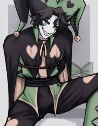 black_hair bulge bulge_through_clothing bulge_under_clothes green_and_black green_clothing green_eyes grin grinning grinning_at_another grinning_at_viewer harlequin_(the_freak_circus) monster monster_boy smirk smirking smirking_at_viewer solo solo_focus solo_male spicebxnny the_freak_circus tied tied_arms tied_up