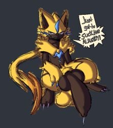 2026 anthro balls big_balls big_penis black_body black_penis blue_eyes bodily_fluids claws commanding_viewer degradation dialogue digital_media_(artwork) dripping felid fluffy fur gemon generation_7_pokemon genital_fluids genitals huge_penis hyper hyper_genitalia legendary_pokemon looking_at_viewer male mammal nintendo penis pokemon pokemon_(species) precum precum_drip presenting saggy_balls shaded sitting solo speech_bubble text toe_claws yellow_body yellow_fur zeraora