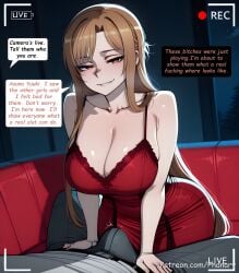 yuuki_asuna asuna_(sao) sword_art_online phanary patreon patreon_username patreon_link absurdres aesthetic ai_generated anime anime_style blurred_background comic comic_page comic_panel comic_strip cover_page dialogue digital_art digital_painting english high_quality highres line_art long_comic manga_style multiple_panels soft_shading speech_bubble 1girls 1girl 1female solo_focus big_breasts huge_breasts large_breasts big_ass large_ass bubble_butt bubble_ass thick curvy curvy_figure curvy_female curvy_body curvy_hips curvy_thighs sexy sexy_pose sexy_body sexy_female beautiful beautiful_girl beautiful_female cute cute_face slut bitch 2026 blush blushing blush_lines blushing_female text text_bubble text_box text_focus english_text english_dialogue long_hair breasts looking_at_viewer smile brown_hair 1boy dress cleavage bare_shoulders very_long_hair brown_eyes collarbone hetero parted_lips sleeveless pants indoors artist_name belt grin sleeveless_dress pov leaning_forward night erection red_dress grey_shirt couch alternate_breast_size bulge mature_female erection_under_clothes recording netorare viewfinder biting_own_lip cheating_(relationship) ntr cheating cheating_wife cheating_girlfriend cheating_female cheating_husband cheating_boyfriend cheat